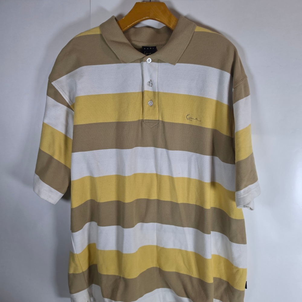 Vintage Karl Kani Gold Polo Shirt XXL Baggy 90s Y2K Striped Streetwear Brown